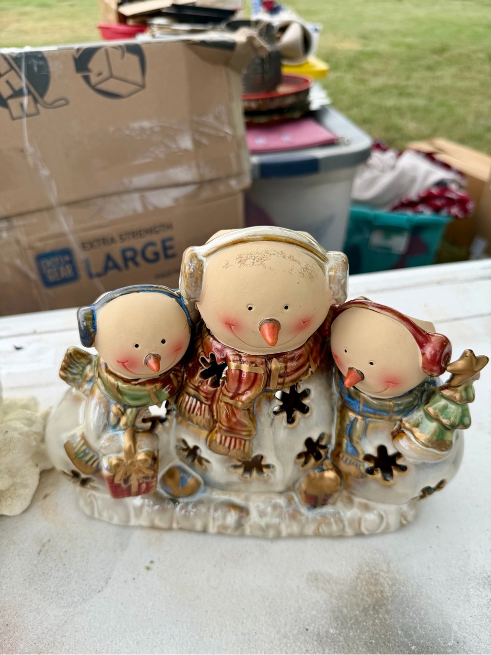 Ceramic Trio Snowman Figurine Holiday Decor in Cream and Multicolor